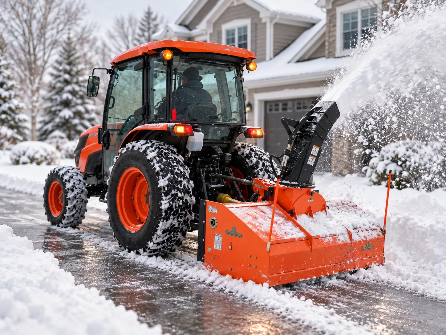 Tractor snow blower clearing a driveway and throwing snow onto the lawn beside it