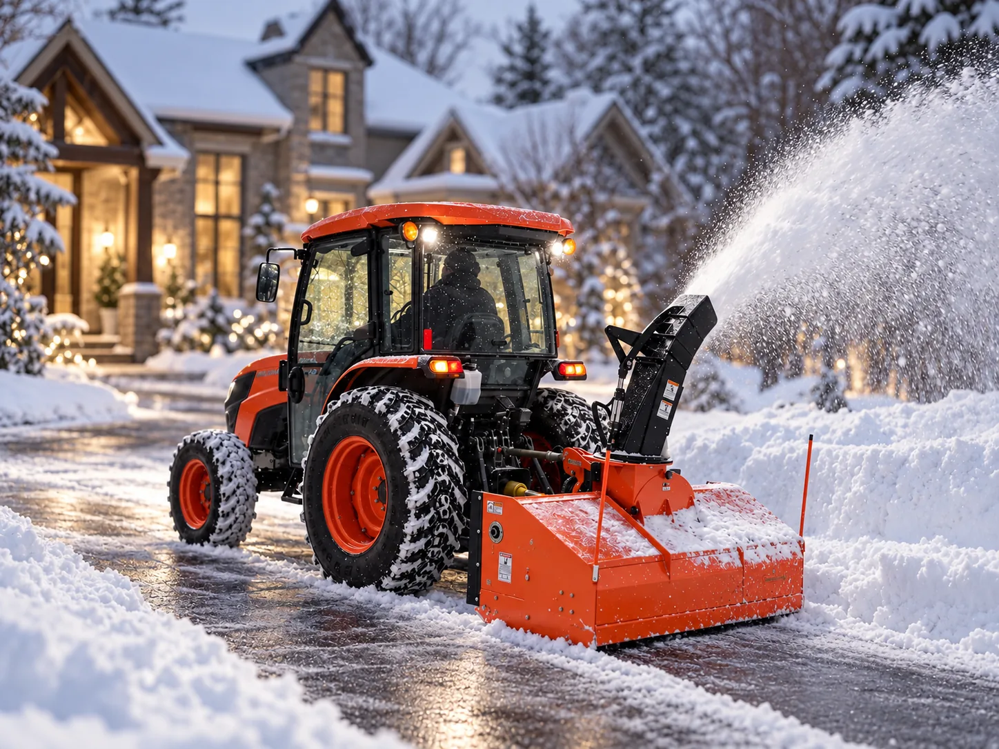 Tractor snow blower clearing a long driveway in the evening, throwing snow off to the side