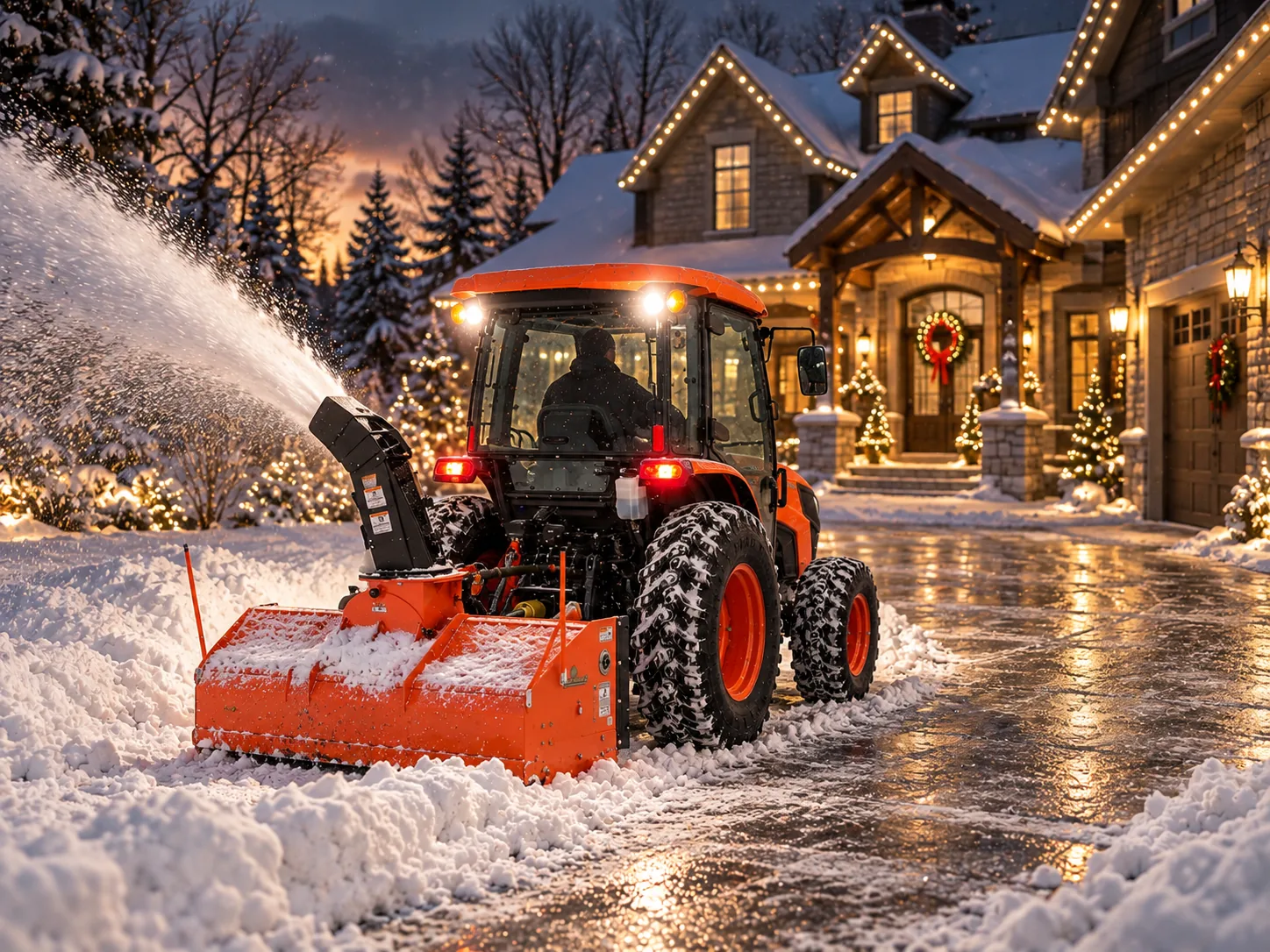 Tractor snow blower clearing a residential driveway at dusk, throwing snow away from the drive