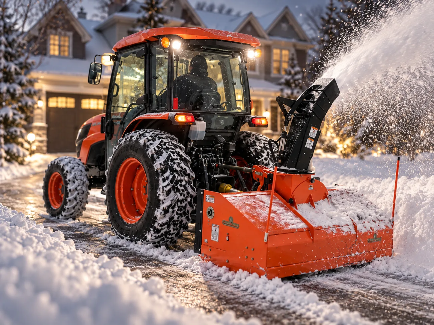 Tractor snow blower working a driveway at dusk in front of a two-car garage