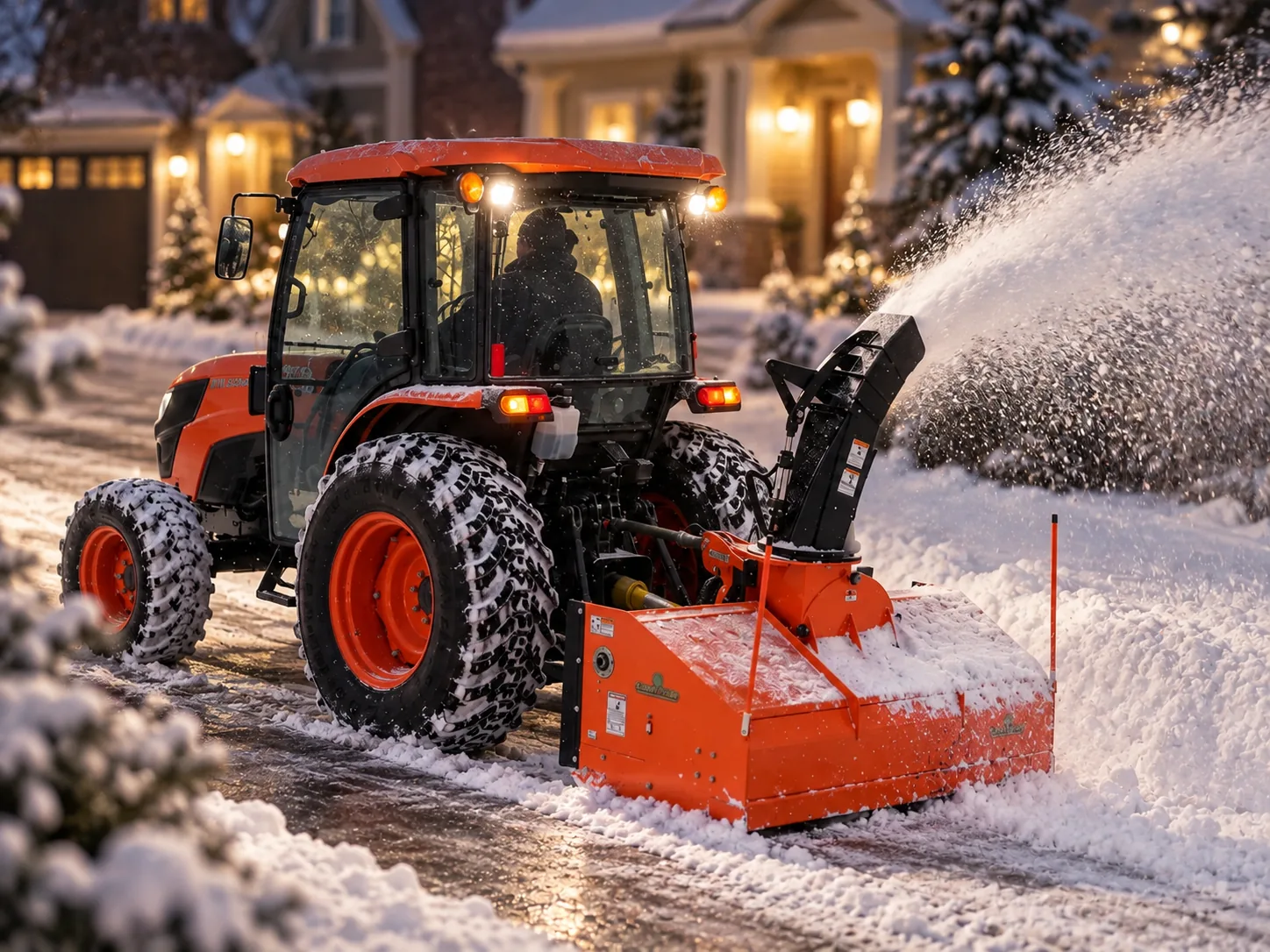 Snow blower clearing a neighborhood driveway at twilight with the house lights on