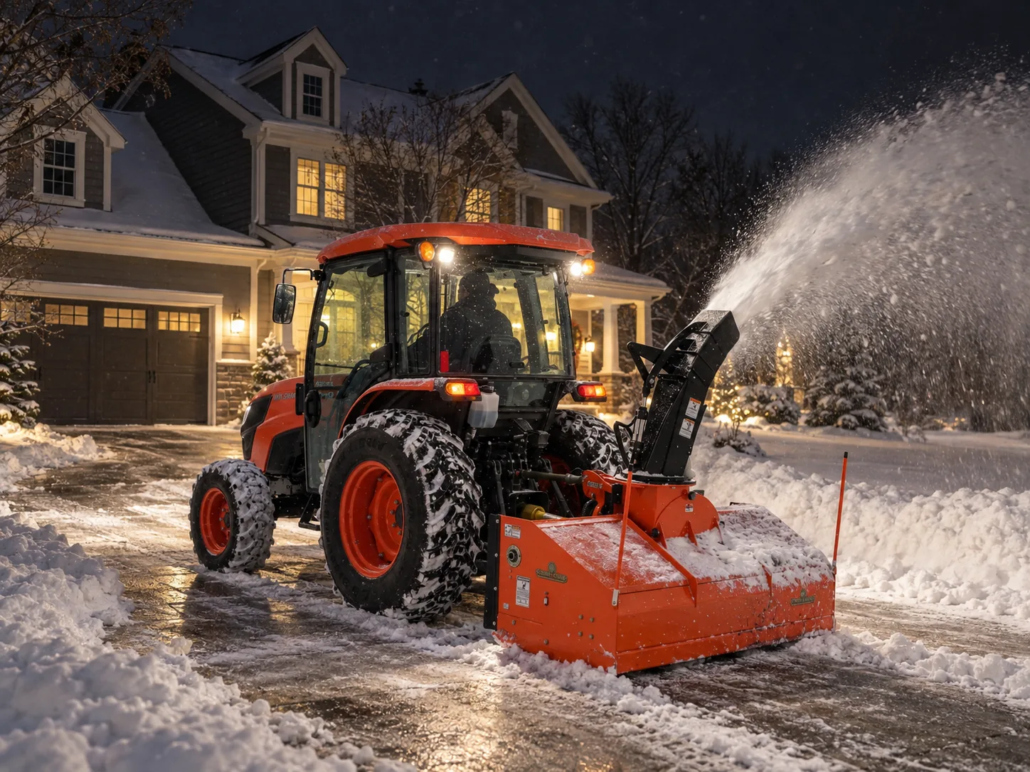 Tractor-mounted snow blower clearing a residential driveway at night, throwing snow onto the yard