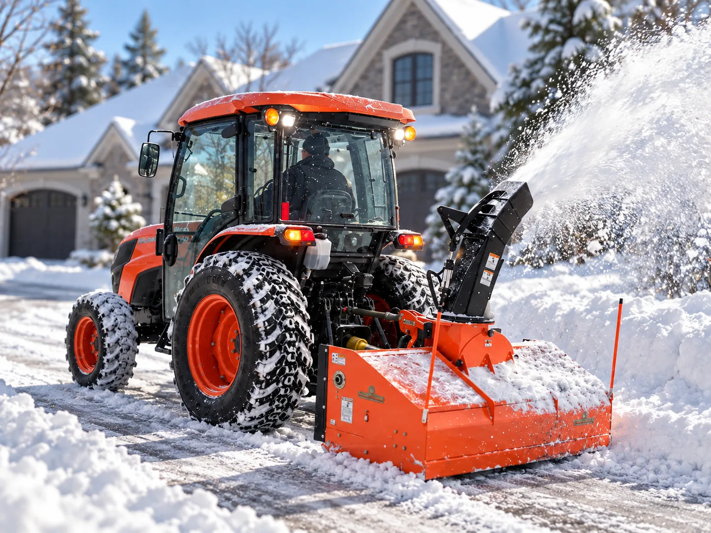 Tractor-mounted snow blower clearing a suburban driveway on a sunny winter morning