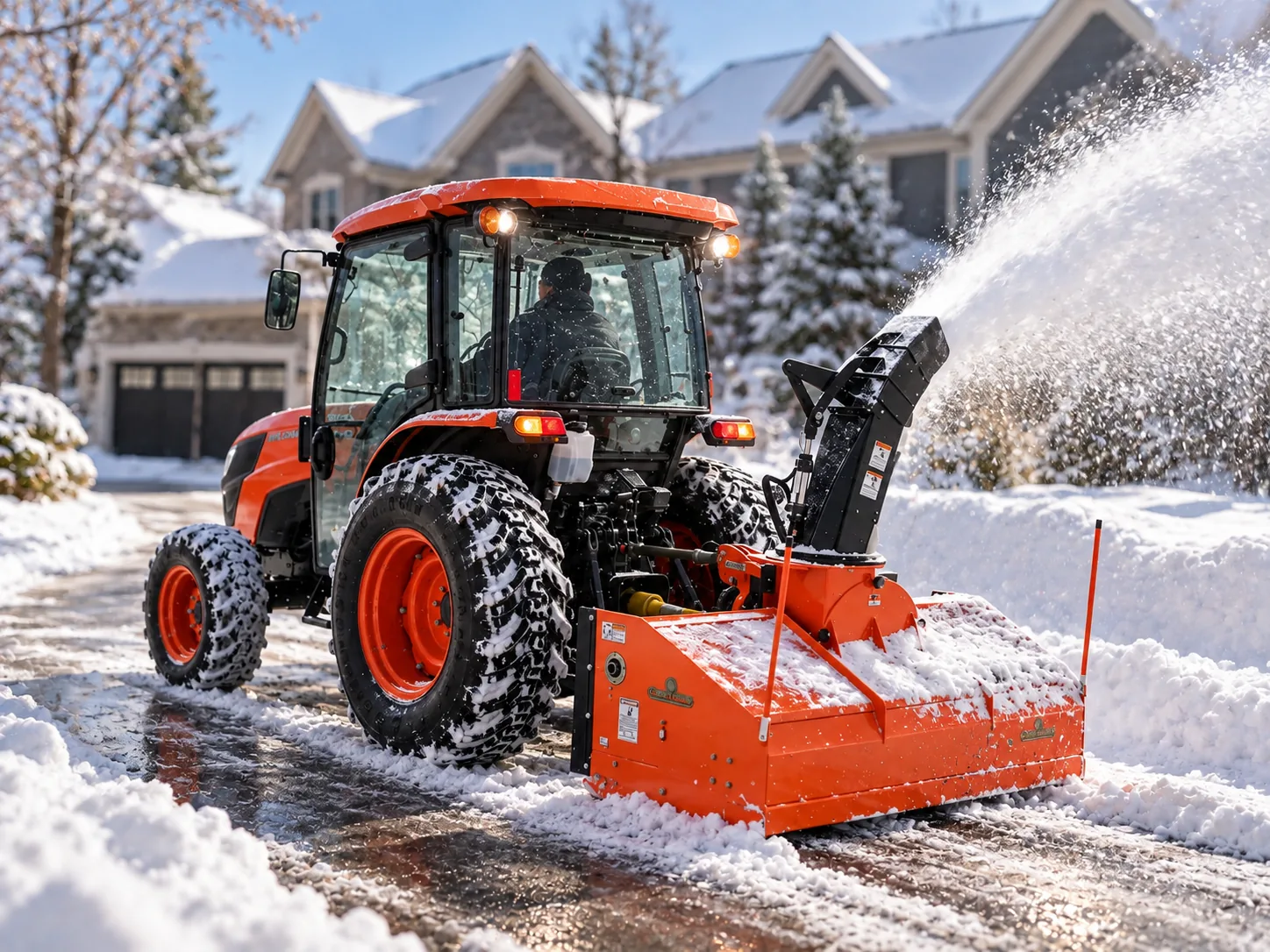 Tractor snow blower cutting a clean, straight edge along a residential driveway on a sunny morning