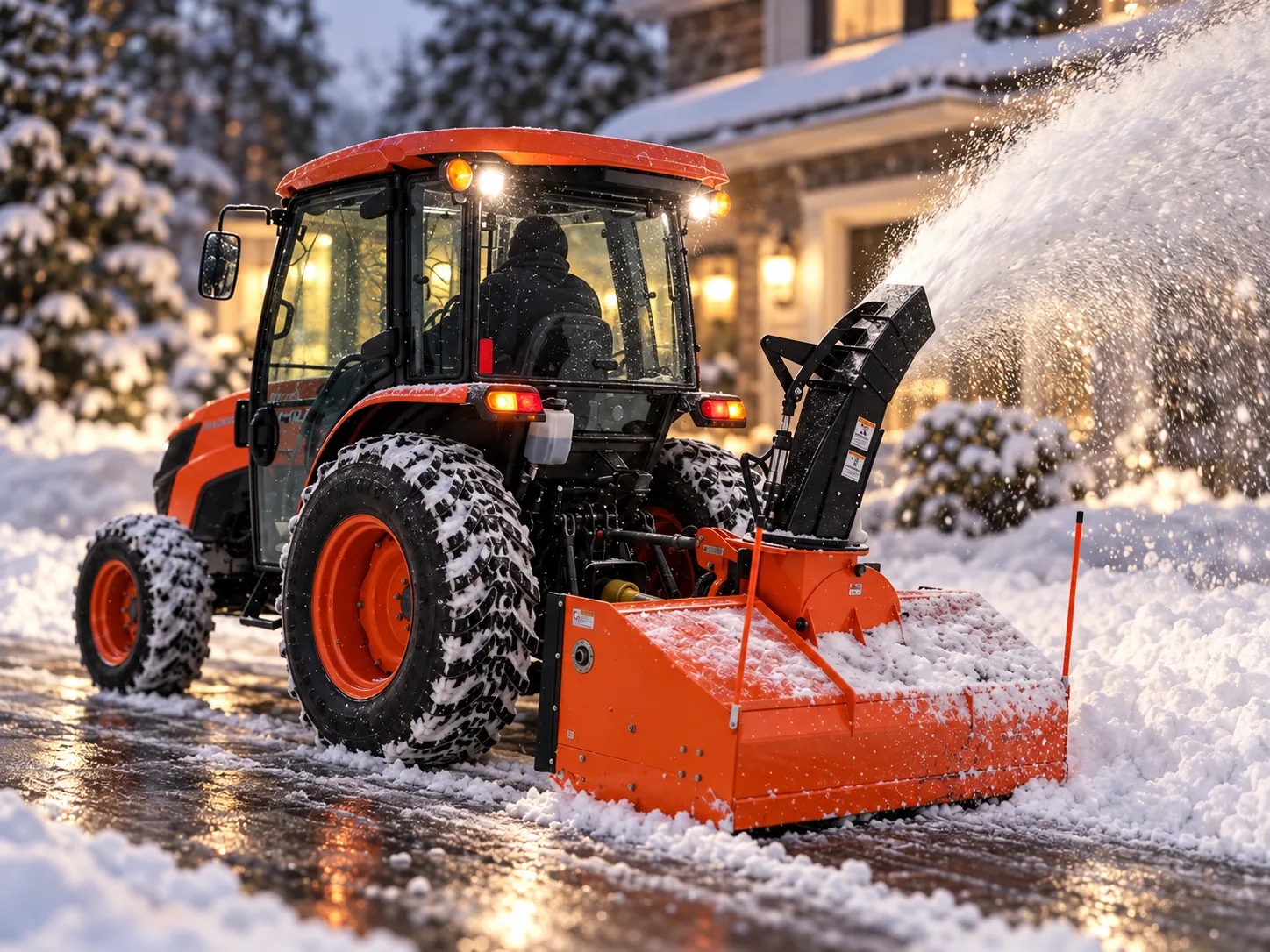 Close view of a tractor snow blower throwing snow while clearing a driveway in the evening