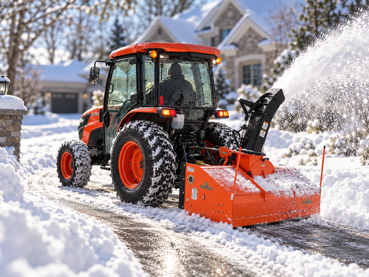 Tractor snow blower working a curved driveway between a brick pillar and landscaping